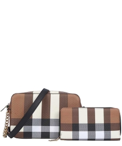 2 In1 Smooth Checkered Plaid Design Crossbody with Matching Wallet Se F0621-LM-8356-W BLACK